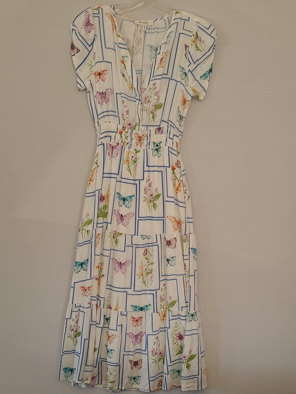 HAVER & BLAIR Floral Butterfly White Midi Dress sz XS Linen Blend